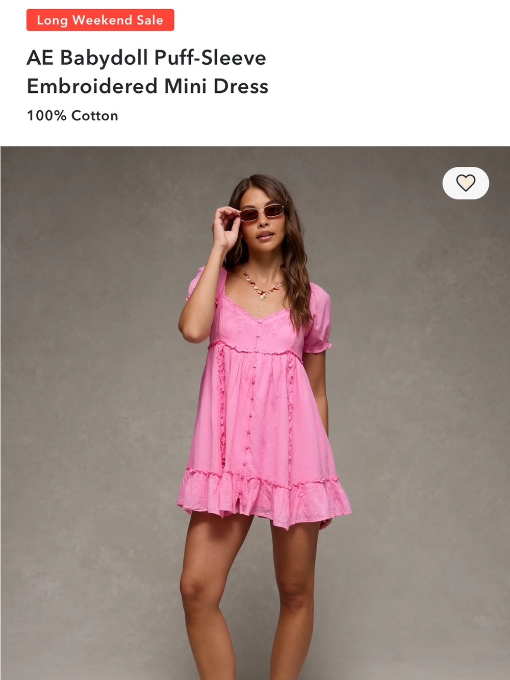 American Eagle Outfitters Pink Babydoll Puff-Sleeve Embroidered Mini Dress